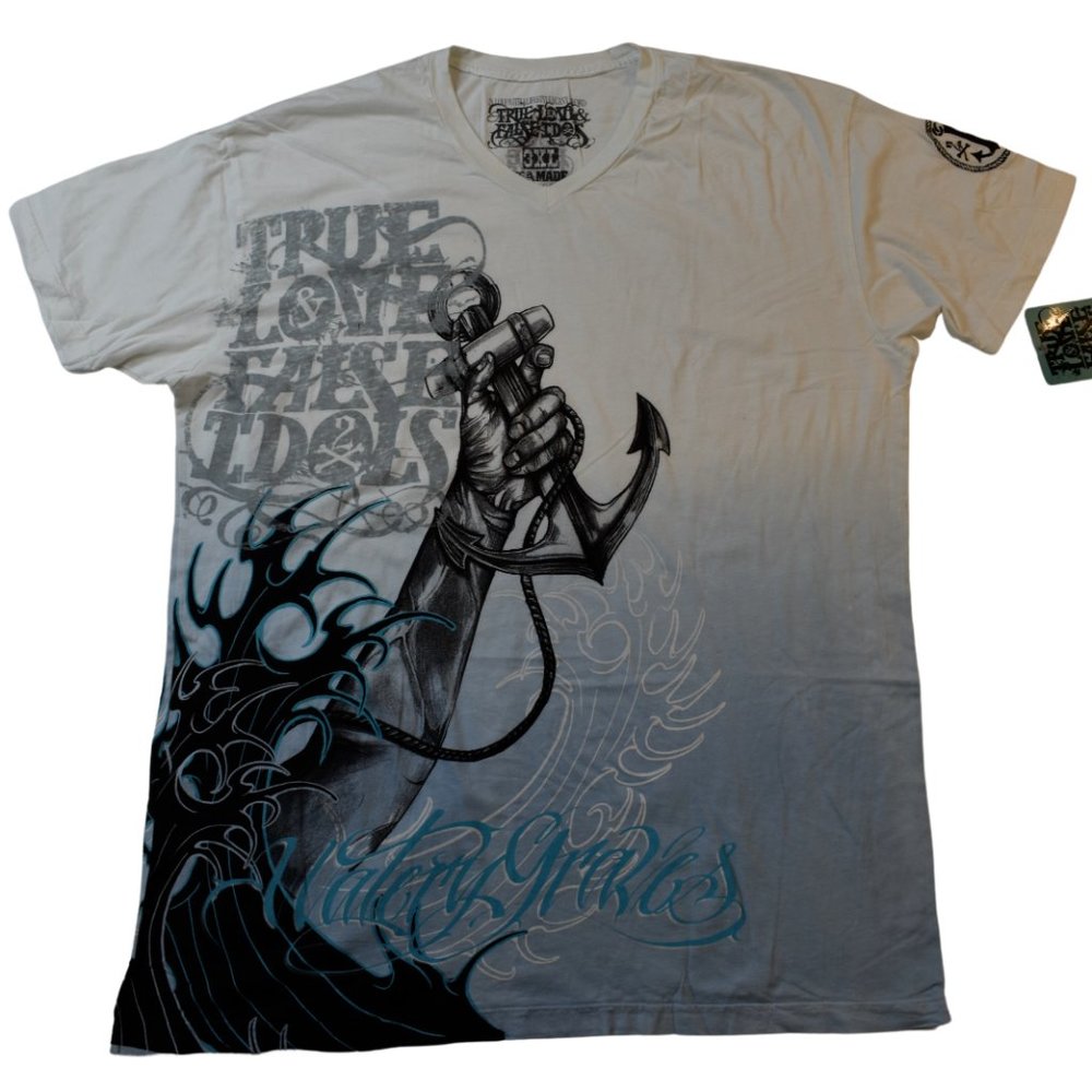 True Love False Idols Mens TLFI Last Rites White V-Neck Shirt NWT 3XL